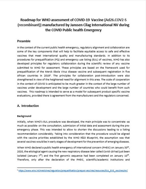Roadmap for Evaluation of Janssen Ad26.COV2-S (recombinant) vaccine against COVID-19