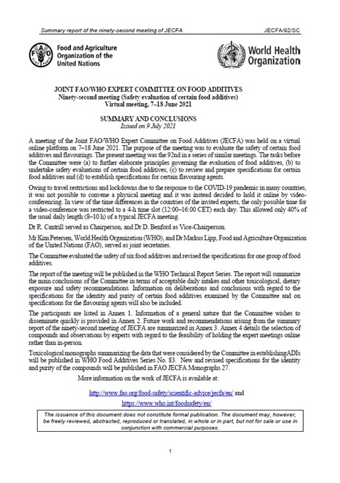 Ninety-second meeting - Joint FAO/WHO Expert Committee on Food Additives (JECFA)