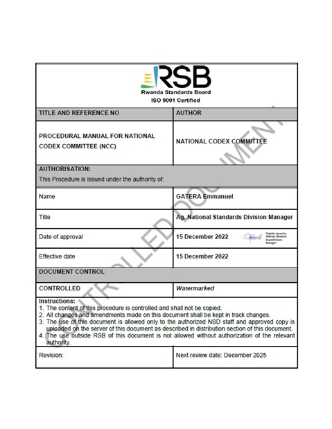 Rwanda procedural manual for National Codex Committee