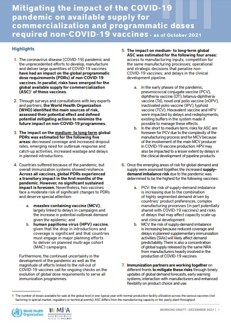 Mitigating the impact of the COVID-19 pandemic on available supply for commercialization and programmatic doses required non-COVID-19 vaccines