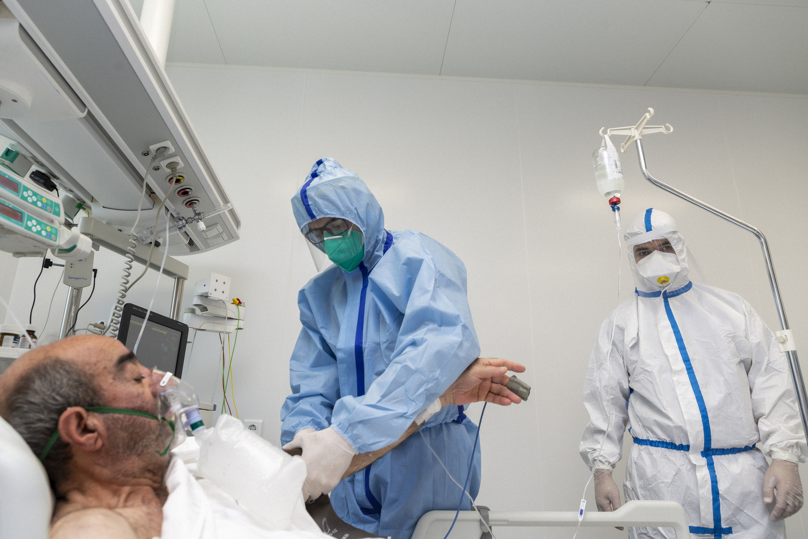 Medical staff work in the 'red zone' of a temporary medical facility established for COVID-19 patients at the New Clinic in Baku, Azerbaijan.